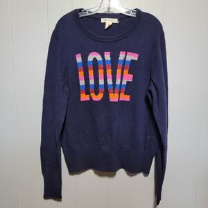 Lovecrazy Womens Navy Blue Love Graphic Striped Knit Pullover Sweater XL
